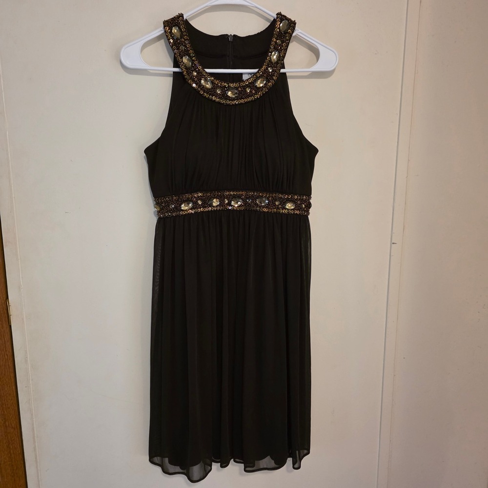 Y2k Cache Womens Dress Size 6 Brown Beaded Gemstone Halter Empire Waist Chiffon